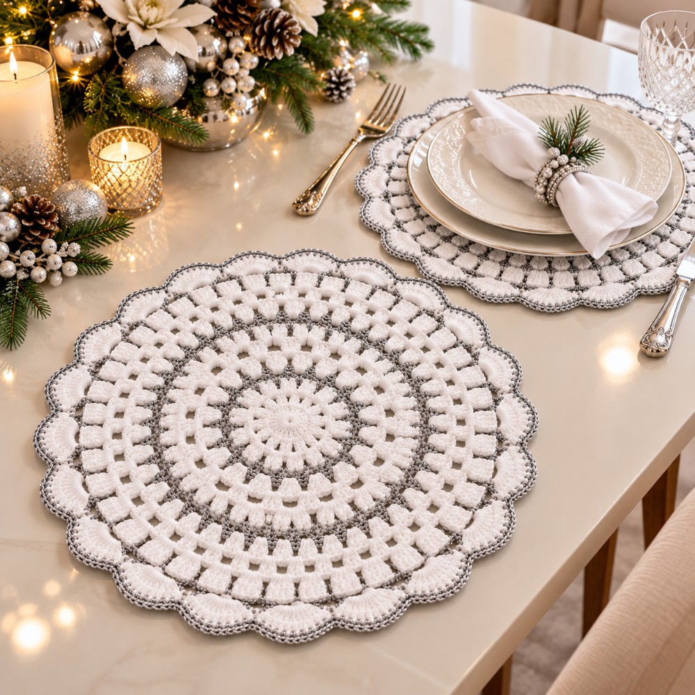 Sousplat de Crochê Branco com Fio Dourado – Mesa Posta de Natal e Réveillon