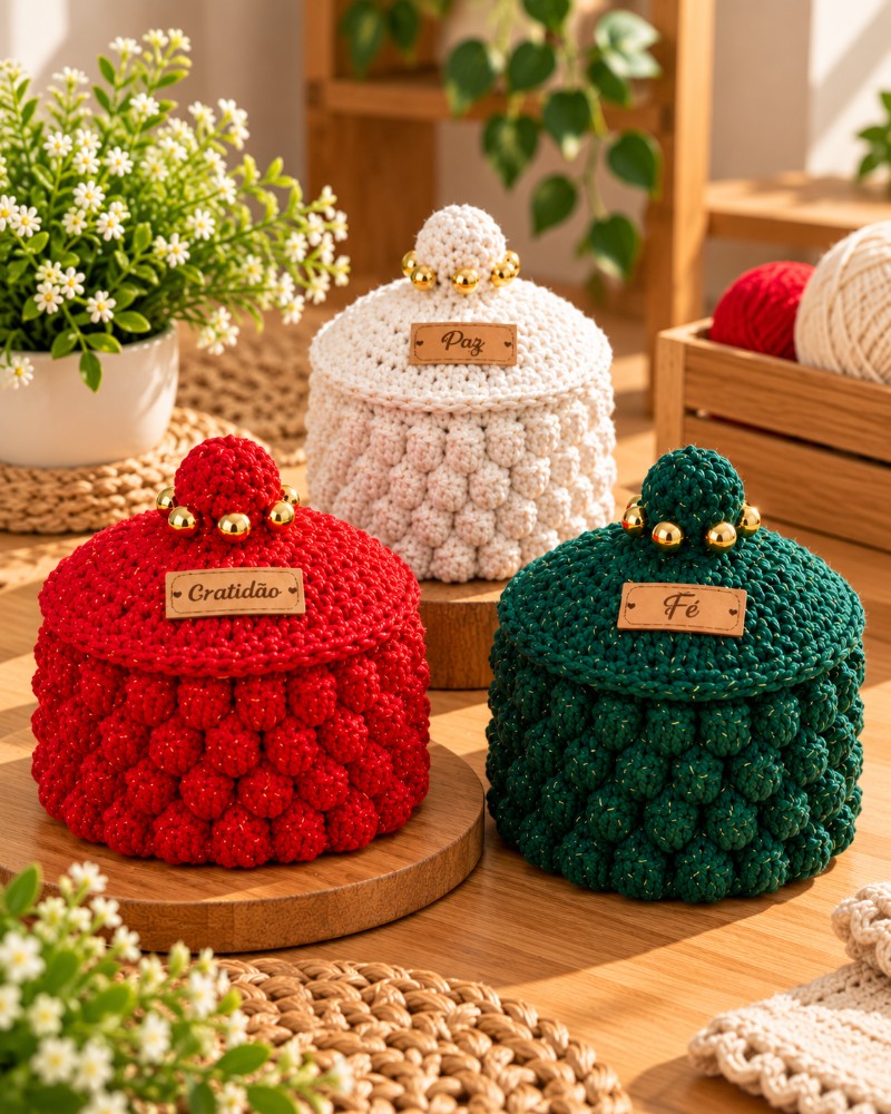 Porta-Bombom Natalino de Crochê com Tampa – Lembrancinha de Natal Artesanal