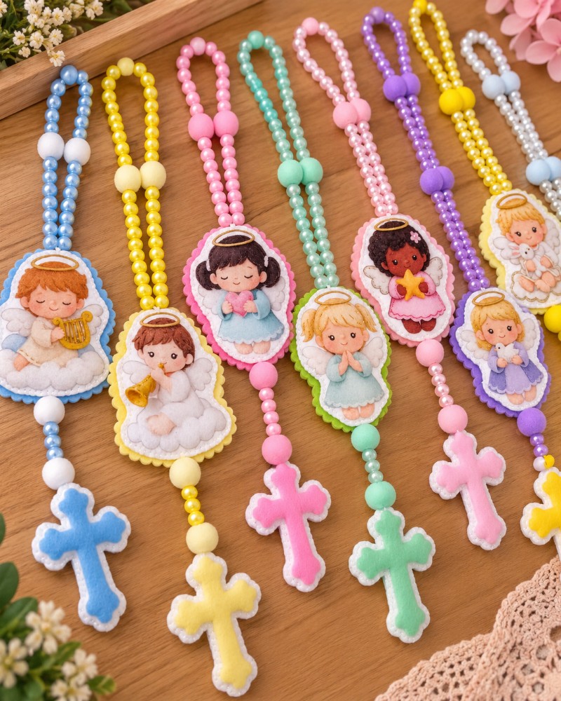 Terços Artesanais em Feltro com Miçangas e Pompons – Lembrancinha de Batizado