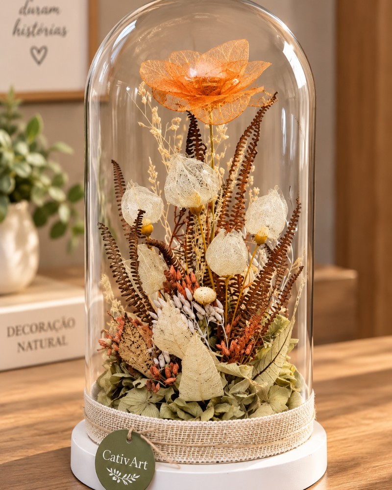Arranjo floral na cúpula de vidro da Cativart Arte Botânica