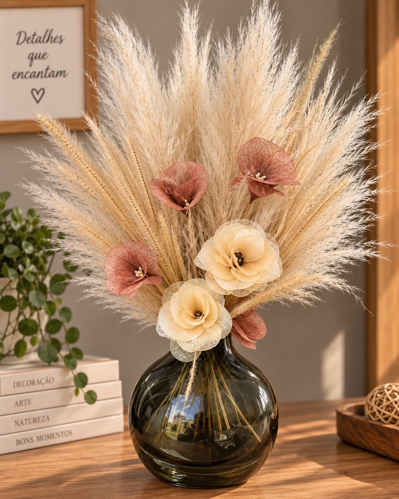 Arranjo com vaso, capim dos pampas e flores montadas em galhos da Cativart Arte Botânica