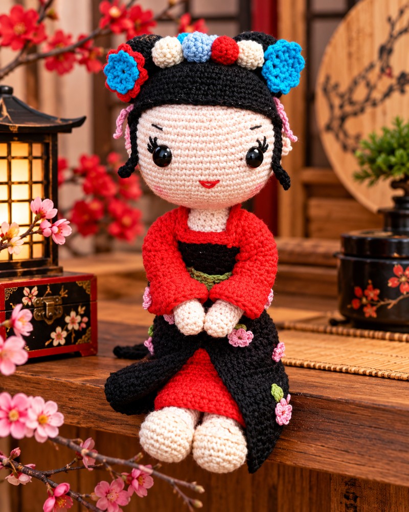 Boneca Gueixa Japonesa Yoko de Amigurumi em Crochê – Feita à Mão