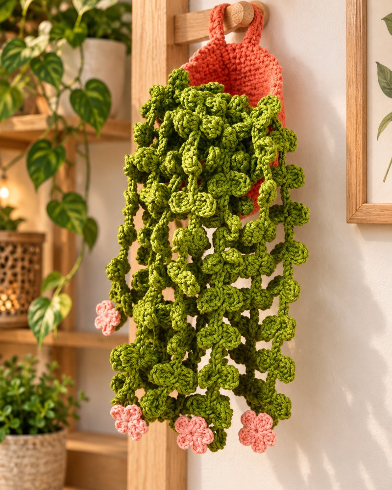 Planta Suculenta Pendente de Crochê com Cachepô – Decoração Artesanal