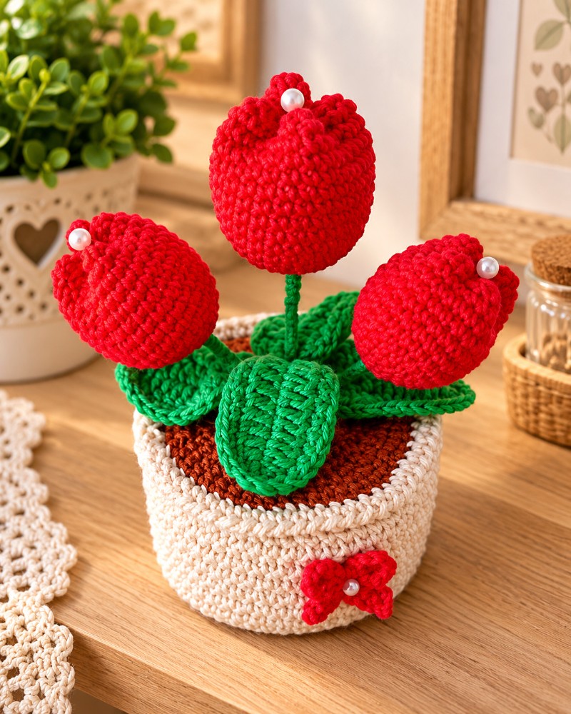 Vaso de Tulipas de Crochê com Pérolas – Arranjo de Flores Artesanal