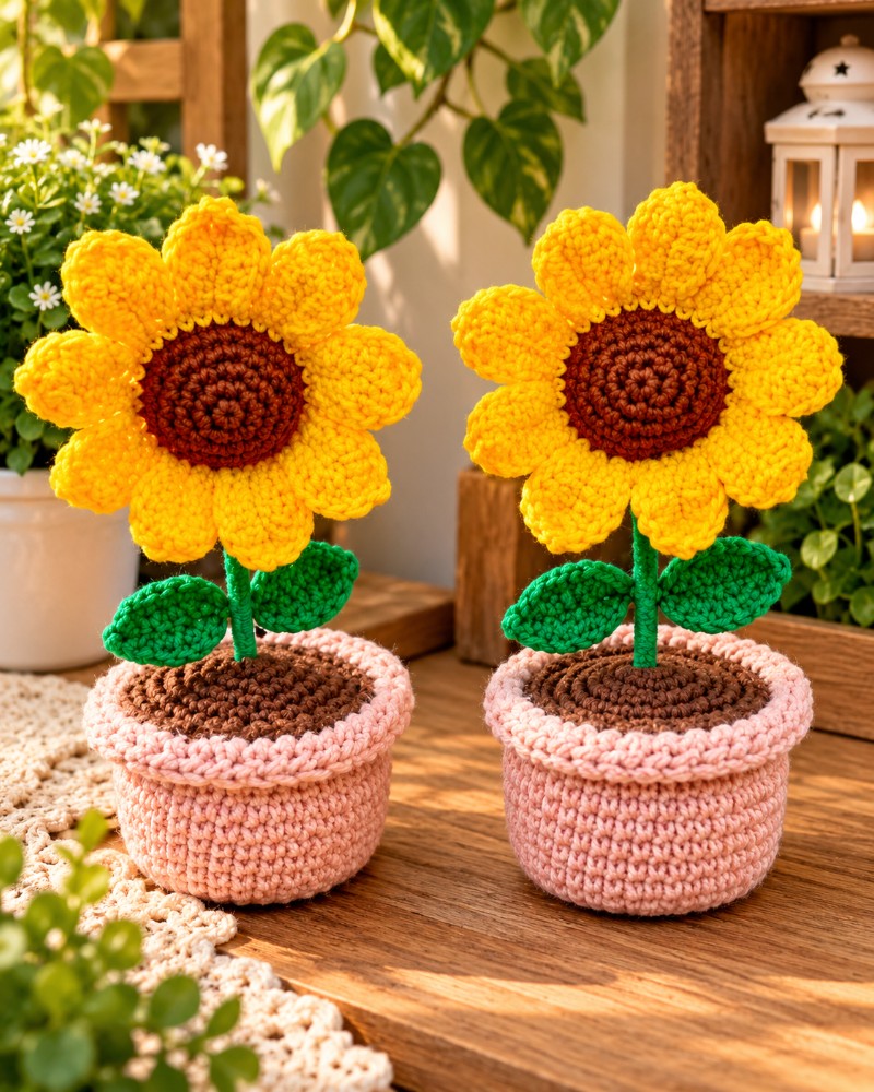 Vaso de Girassol de Crochê Artesanal – Flor Decorativa Feita à Mão