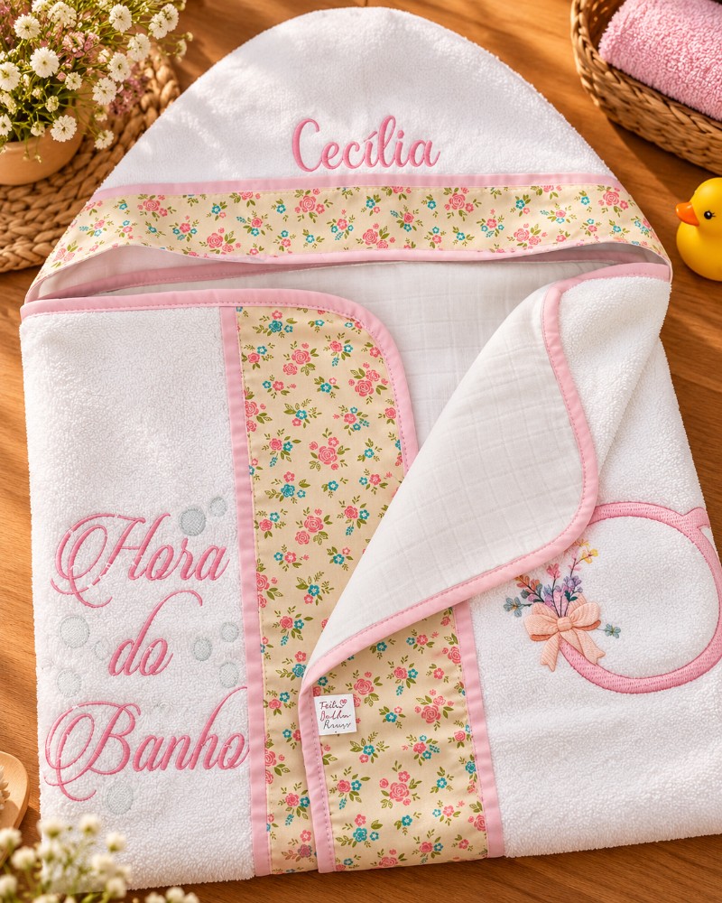 Toalha de Banho para Bebê com Capuz 70 x 100 cm – Forrada com Fralda Premium e Bordado