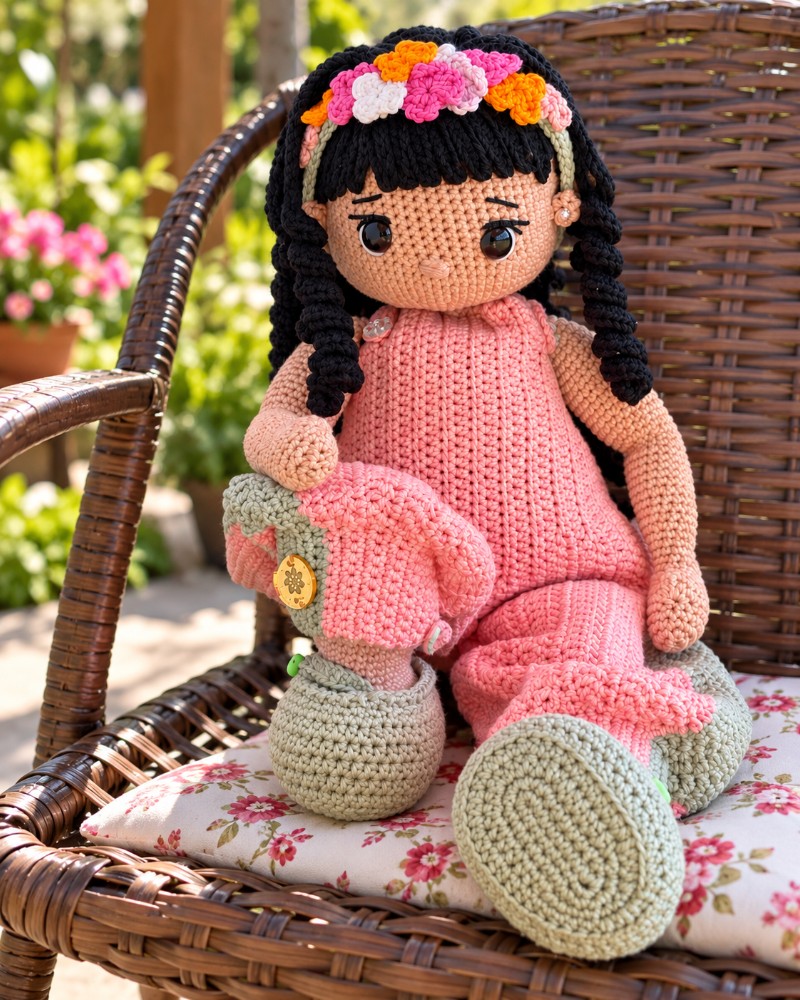 Boneca Maria Flor de Amigurumi em Fio Chenille 45 cm – Pronta Entrega