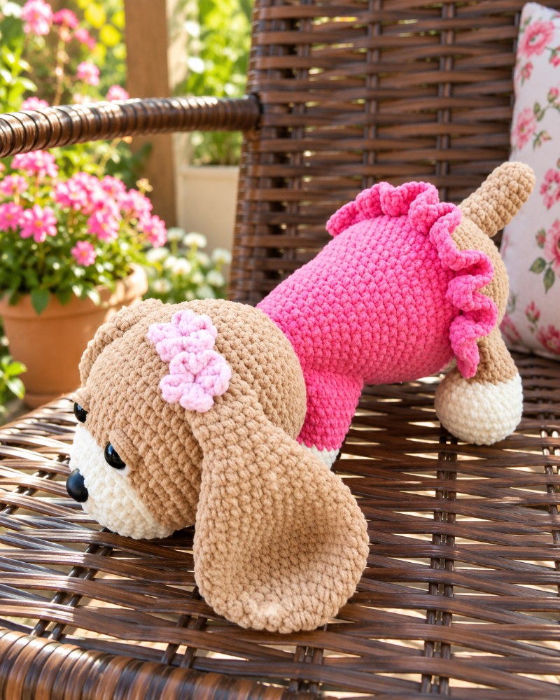 Cachorrinha Lola de Amigurumi em Fio Chenille 38 cm – Feita Sob Encomenda