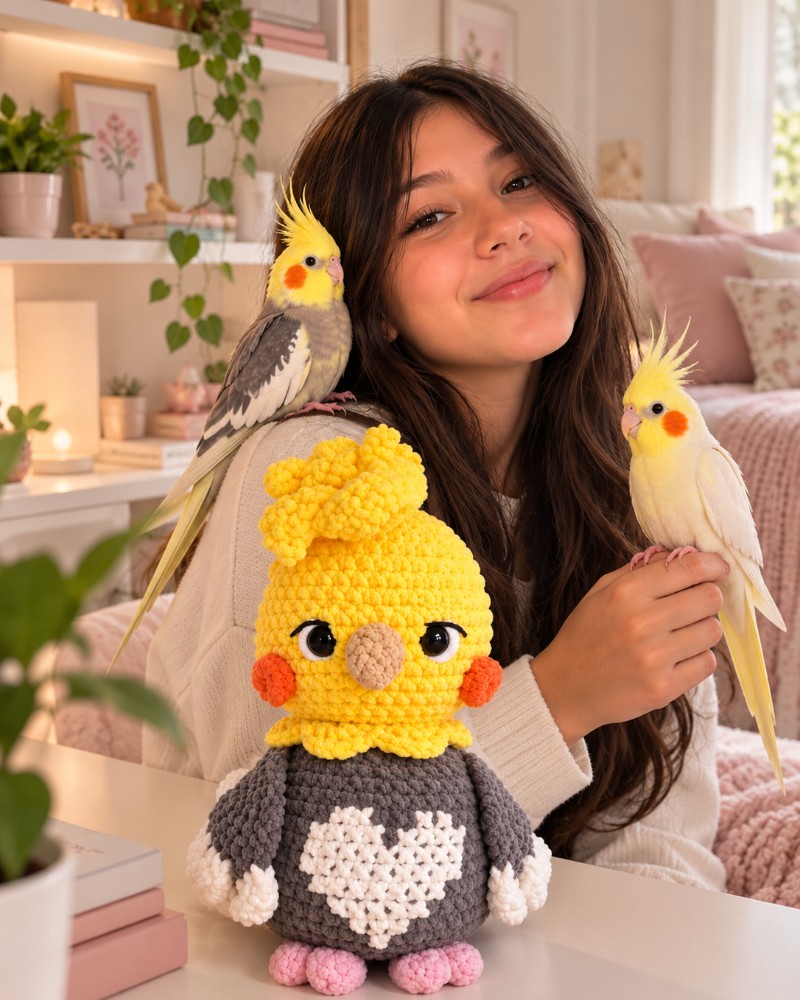Calopsita de Amigurumi em Fio Chenille 26 cm – Decoração Infantil