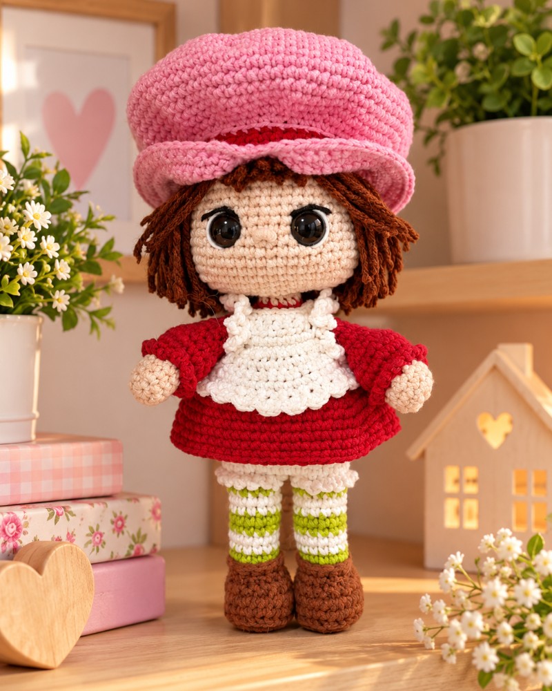 Boneca Confeiteira Moranguinho de Amigurumi 26 cm – Sob Encomenda