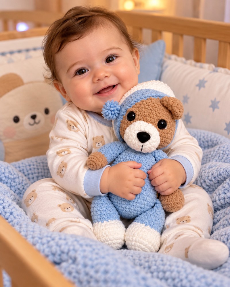 Ursinho Dorminhoco de Amigurumi em Fio Chenille 27 cm – Sob Encomenda