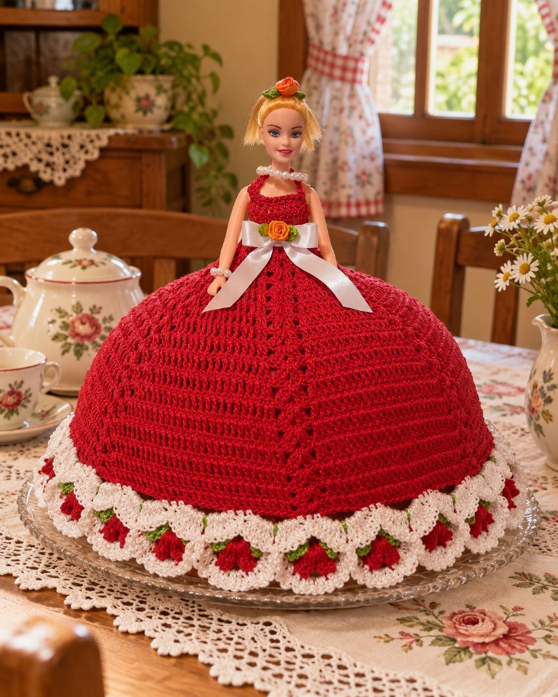 Boneca Cobre-Bolo de Crochê – Cobre Alimentos e Decoração | Sob Encomenda