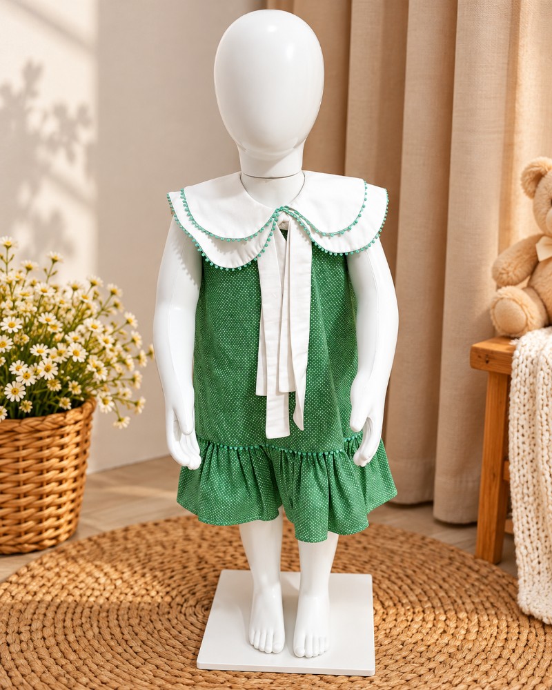 Vestido Infantil Verde com Gola Dupla e Renda Renascença – 100% Algodão