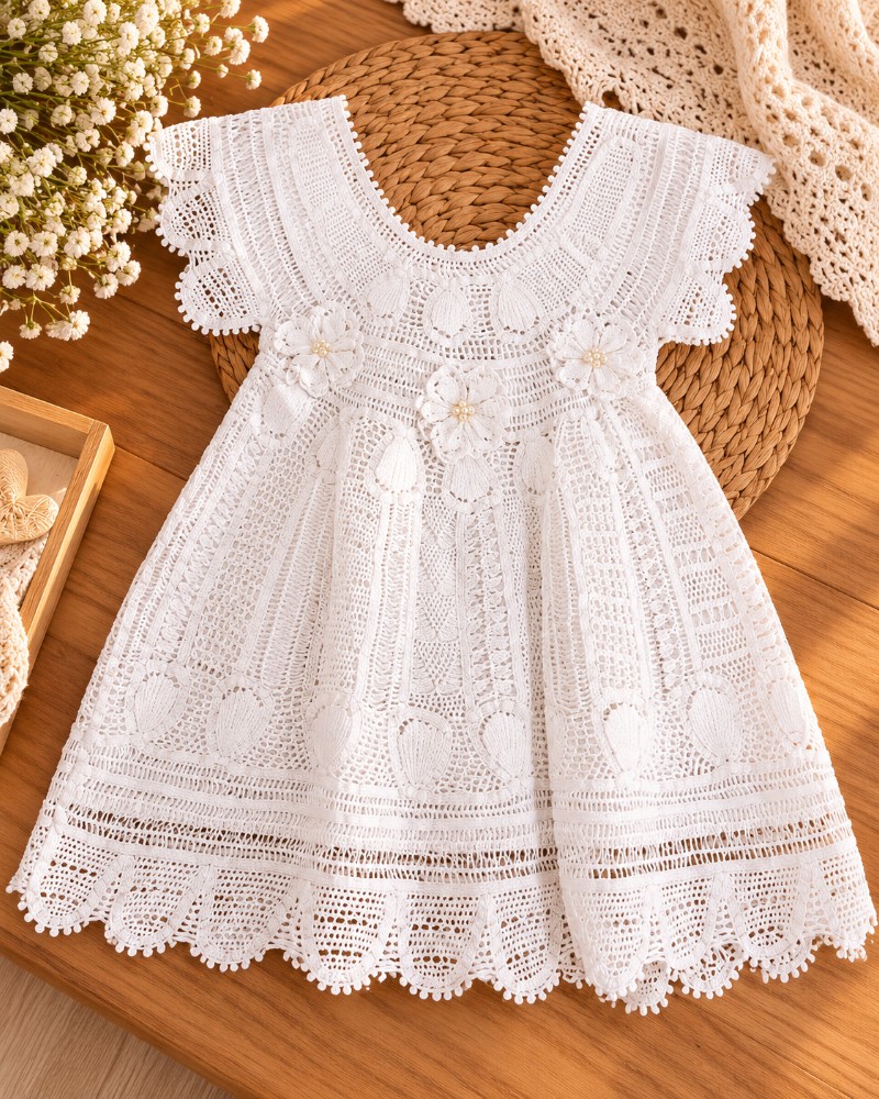 Vestido Infantil Branco de Renda Renascença Feito à Mão com Forro de Algodão