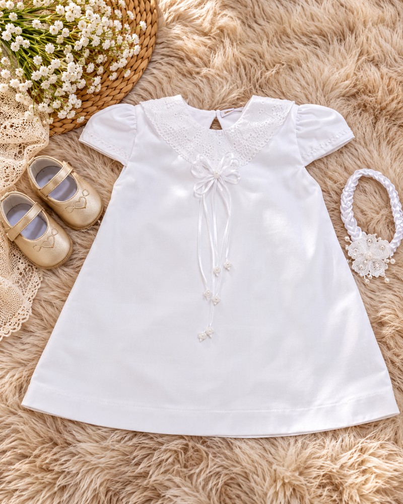 Vestido Infantil Branco Trapézio em Percal 100% Algodão com Renda Renascença – Tamanho 1