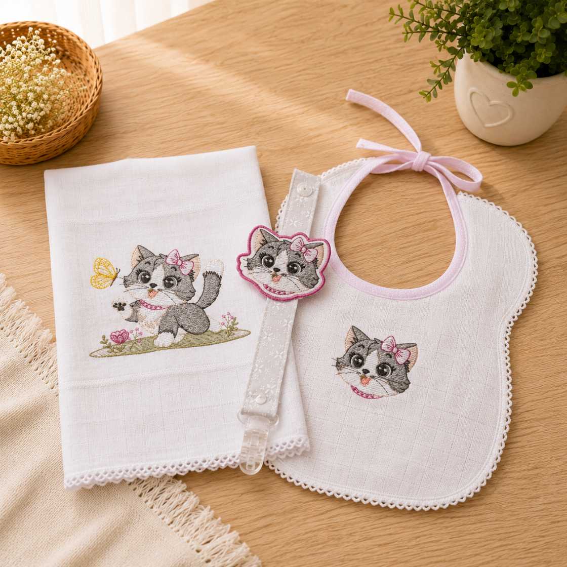 Kit Com 1 Babador + 1 Fraldinha de Boca + 1 Prendedor de Chupeta